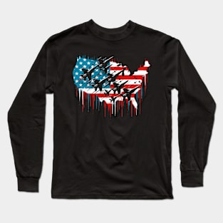 Fighter Jet Airplane American Flag USA Map 4th Of July Long Sleeve T-Shirt